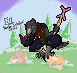 book clothing druid feathers leather leather_clothing magic_user staff text tribal_spellcaster pseudokym dungeons_and_dragons hasbro wizards_of_the_coast yu-gi-oh! melffy_catty melffy_puppy avian kenku 2023 clip_studio_paint_(artwork) digital_media_(artwork) hi_res