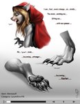 4_toes 5_fingers anthro black_nose blonde_hair claws clothed clothing dialogue feet female fingers fur grey_body grey_fur hair human_to_anthro mostly_nude open_mouth pawpads paws simple_background snout solo species_transformation teeth text toe_claws toes tongue transformation geckzgo fairy_tales little_red_riding_hood_(copyright) mythology big_bad_wolf little_red_riding_hood canid canine canis human mammal mythological_canine mythological_creature werecanid werecanine werecreature werewolf wolf 2017 english_text