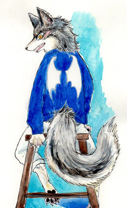 4_toes ambiguous_gender anthro barefoot biped blue_clothing blue_topwear blush bottomwear claws clothed clothing digitigrade feet fluffy fluffy_tail fur furniture grey_body grey_fur looking_at_viewer looking_back open_mouth pants pawpads paws rear_view simple_background solo sweater tail teeth toes topwear yellow_eyes kyokyota canid canine canis mammal wolf 2015 absurd_res hi_res painting_(artwork) traditional_media_(artwork) watercolor_(artwork)