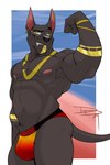 anthro biceps black_body black_fur blue_eyes bottomwear bulge clothing ear_piercing ear_ring egyptian eyebrow_piercing facial_piercing flexing fur gold_(metal) gold_jewelry jewelry male markings muscular muscular_anthro muscular_male navel nipples piercing ring_piercing solo yellow_markings dragondrawer egyptian_mythology middle_eastern_mythology mythology anubis anubian_jackal canid canine canis deity jackal mammal 2024 absurd_res hi_res