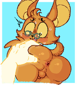 anthro anus balls big_butt black_eyes black_nose blush blush_lines bodily_fluids butt butt_grab duo eyewear fangs flustered fur genitals glasses glistening glistening_body glistening_fur green_eyewear green_glasses hair hand_on_butt looking_back low-angle_view male male/male orange_body orange_ears orange_fur orange_hair orange_sclera orange_tail penis rear_view sharp_teeth shirt_collar short_tail small_balls small_penis spread_butt spreading sweat tail teeth text thick_thighs three-quarter_view yellow_body yellow_fur bananapop chikn_nuggit chikn_nuggit_(chikn_nuggit) chikn_nuggit_(true_form) onyn_ring_(chikn_nuggit) bat canid canine canis deity domestic_dog eastern_red_bat mammal 2025 artist_name digital_media_(artwork) hi_res