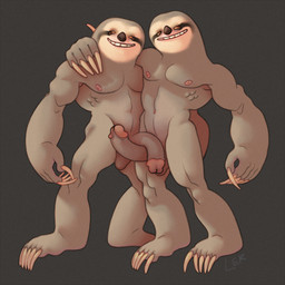 anthro big_penis black_nose claws duo erection genitals glans half-erect hug huge_penis intertwined long_claws long_penis male male/male muscular muscular_male nipples pecs penis pink_glans pink_nipples simple_background smile white_face yellow_eyes ravuer mammal pilosan sloth xenarthran 1:1 hi_res
