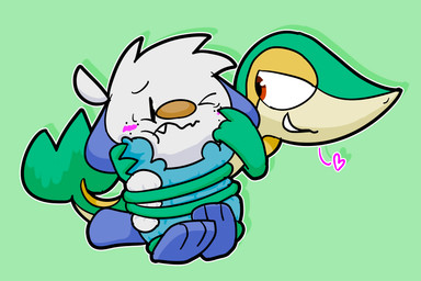 ambiguous_gender blush cartoon_freckles duo freckled_face freckles heart_symbol nervous plant restrained restrained_arms restrained_feet smile smirk smug vines smokyraboot nintendo pokemon generation_5_pokemon oshawott pokemon_(species) snivy 3:2 hi_res