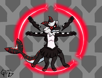 anthro belly black_body black_bottomwear black_clothing black_jacket black_scales black_skirt black_topwear bottomwear checkered checkered_clothing clothed clothing female glowing glowing_markings hair hooves jacket machine markings pattern_clothing red_markings scales shirt skirt solo tail thick_tail topwear white_belly white_clothing white_hair white_shirt white_topwear gravel_pit_(artist) vitruvian_man keira_(determinedkeira) aquatic fish hybrid protogen shark english_description hi_res inspired_by_formal_art signature