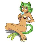 2_tails 4_toes 5_fingers arm_support bent_arm bent_leg big_eyes bikini biped black_eyebrows blush blush_lines bodily_fluids breasts clothed_female clothing curved_eyebrows eyebrows eyelashes feet female fingers flip_flops food footwear green_ears green_hair green_inner_ear_fluff green_tail hair holding_food holding_object holding_popsicle humanoid_feet humanoid_hands inner_ear_fluff leaning_on_elbow long_tail looking_at_viewer medium_breasts multi_tail navel nervous nervous_sweat no_irises plantigrade pointy_ears popsicle popsicle_in_mouth prick_ears pupils reclining sandals shadow shoes short_hair simple_background small_nose small_pupils solo spiky_hair sweat sweatdrop swimwear tail tan_bikini tan_body tan_clothing tan_flip_flops tan_footwear tan_sandals tan_swimwear thick_eyelashes three-quarter_view toes tuft two-piece_swimsuit white_background smekbo we_live_in_an_mmo?! lu_(we_live_in_an_mmo?!) animal_humanoid felid felid_humanoid humanoid mammal mammal_humanoid 2023 digital_drawing_(artwork) digital_media_(artwork) full-length_portrait portrait