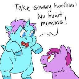 1_horn ambiguous_feral ambiguous_gender angry baby_talk blue_body blue_eyes blue_fur blue_hooves dialogue duo featureless_crotch feral fur hair hooves horn imminent_violence on_hind_legs open_mouth purple_body purple_fur purple_hair red_eyes spiral_horn surprised teeth text wings young young_ambiguous young_feral squeegull fluffy_pony mythology equid equine fluffy_pony_(species) mammal mythological_creature mythological_equine winged_unicorn 1:1 2025 absurd_res comic digital_media_(artwork) english_text flat_colors hi_res