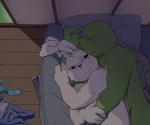 anthro anthrofied bed biceps big_ears black_eyes blush clothing cuddling duo eyes_closed fur furniture green_body green_skin grin hug interspecies lying male male/male muscular ninja nude on_side one_eye_closed pillow pose scales sleeping smile warrior white_body white_fur ashitarimai teenage_mutant_ninja_turtles usagi_yojimbo leonardo_(tmnt) miyamoto_usagi lagomorph leporid mammal rabbit reptile scalie turtle 2013 6:5 crossover