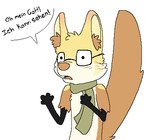 ambiguous_gender anthro black_text brown_body brown_fur brown_inner_ear_fluff brown_nose dialogue dot_eyes eyewear fur glasses green_scarf handpaw inner_ear_fluff markings mostly_nude open_mouth paws raised_tail rectangular_glasses scarf scarf_only semi-anthro simple_background solo speech_bubble striped_markings stripes tail tan_body tan_fur text thumbless tuft wearing_glasses white_background yellow_body yellow_fur yellow_inner_ear sebdoggo das_(sebdoggo) canid canine fennec_fox fox mammal true_fox 2014 aliasing digital_drawing_(artwork) digital_media_(artwork) flat_colors german_text half-length_portrait handwritten_text low_res microsoft_paint_(artwork) portrait translated nonbinary_(lore)