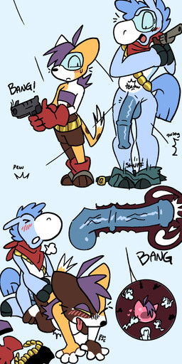 accident accidental_exposure anthro bandolier blue_body blue_fur blush bodily_fluids bottomwear bottomwear_down bouncing_bullet brown_spots clothed clothing cum cum_inside doggystyle duo embarrassed_naked_male eyewear female flaccid from_behind_position fur genital_fluids genitals goggles gun hair handgun impregnation internal kerchief kerchief_only male male/female mostly_nude neckerchief neckerchief_only neckwear onomatopoeia ovum pants pants_down partially_clothed penetration penis purple_hair ranged_weapon revolver sex sound_effects spots text unusual_bodily_fluids unusual_cum unusual_genital_fluids unusual_ovum vaginal vaginal_penetration weapon white_body white_fur puchipi colt_(puchipi) gat_(puchipi) domestic_cat equid equine felid feline felis horse mammal hi_res