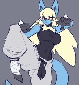 anthro big_breasts blonde_hair blue_body blush blush_stickers breasts clothing eyebrows eyelashes feet female hair long_eyelashes one_leg_up pokemorph raised_leg red_eyes solo lyorenth-the-dragon nintendo pokemon generation_4_pokemon lucario pokemon_(species) 2026 colored_sketch hi_res sketch