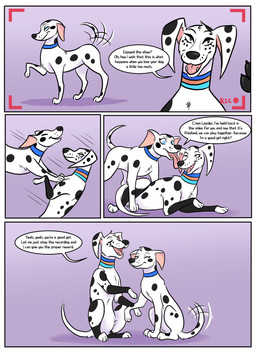 after_transformation aged_up black_pawpads black_spots blue_collar blue_eyes bottomwear camera_overlay clothing collar dialogue duo fangs female feral floppy_ears fur good_girl grey_clothing grey_topwear hair happy licking multiple_collars pawpads pounce shirt shorts smile spots tail tail_motion tailwag talking_feral talking_to_viewer teeth text tf_into_fictional_character tongue topwear transformation transformation_sequence unimpressed white_body white_fur bubbeh 101_dalmatian_street 101_dalmatians disney the_succubus_hunt cadpig dolly_(101_dalmatians) leader_(the_succubus_hunt) sidekick_(the_succubus_hunt) canid canine canis dalmatian domestic_dog mammal absurd_res comic english_text hi_res