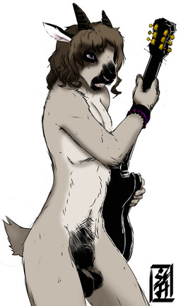 animal_genitalia anthro balls big_balls biped black_sheath electric_guitar fully_sheathed genitals guitar hair male musical_instrument nude plucked_string_instrument sheath simple_background solo string_instrument white_background seth-iova bovid caprine goat mammal digital_media_(artwork)