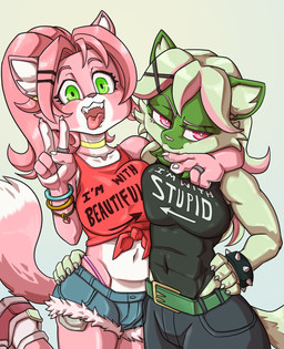 accessory alternative_fashion anthro arm_around_neck bangs belt big_breasts biped bodily_fluids bottomwear bracelet breast_squish breasts choker clothed clothing denim denim_bottomwear denim_clothing denim_shorts duo exposed_pocket eyelashes female front_view fully_clothed fur gesture green_background green_belt green_body green_eyes hair hair_accessory hairclip hand_gesture hand_on_hip hand_on_shoulder highleg highleg_panties highleg_underwear holding_each_other hotpants jewelry legwear long_eyelashes long_hair looking_at_viewer midriff muscular muscular_female navel necklace one_leg_up open_mouth panties pants pink_body pink_eyes ponytail punk raised_leg red_clothing red_topwear ring shirt shorts simple_background smile spiked_bracelet spikes squish standing tail tank_top text thick_thighs thong thong_straps tied_shirt tongue tongue_out topwear tuft underwear v_sign white_body x_hair_accessory daigaijin i'm_with_stupid nintendo pokemon daisy_(katson) lily_(katson) domestic_cat felid feline felis generation_9_pokemon mammal pokemon_(species) sprigatito comic digital_media_(artwork) english_text hi_res cousins_(lore)