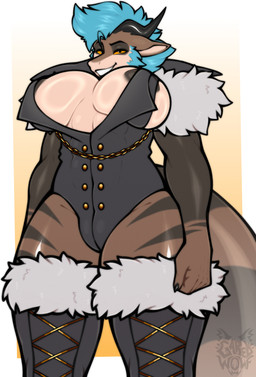 abs anthro black_bodysuit black_clothing black_horn black_skinsuit blue_hair bodysuit boots breasts brown_body button_(fastener) chain cheek_tuft clothing facial_tuft footwear fur_trim_(clothing) glistening glistening_body glistening_breasts gold_(metal) gold_jewelry hair herm horn intersex jewelry lacing legwear light_body long_ears looking_at_viewer low-angle_view markings multicolored_body nipples shoes short_hair skinsuit smile solo striped_body stripes tail thick_thighs thigh_boots thigh_highs tight_clothing tuft wide_hips yellow_eyes garedwolf mythology kryton_(oberonrising) dragon mythological_creature mythological_scalie scalie xenogon absurd_res hi_res