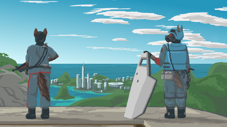 ambiguous_gender anthro armor belt blue_bottomwear blue_clothing blue_pants blue_shirt blue_topwear body_armor boots bottomwear brown_body brown_fur building bulletproof_vest city cityscape cliff clothed clothing cloud concrete day detailed_background duo electronics faceless_anthro faceless_character fatigues footwear fur gas_mask gloves gun handwear headgear helmet horizon island looking_at_another mask military mountain pants plant plantigrade radio ranged_weapon rear_view rifle riot_shield sea seaside shield shirt shoes skyscraper soldier standing tail topwear tropical warrior water weapon wire anunscrupulousferret avalanche_studios just_cause camelid canid canine llama mammal 16:9 2025 colored digital_media_(artwork) hi_res shaded widescreen male_(lore)