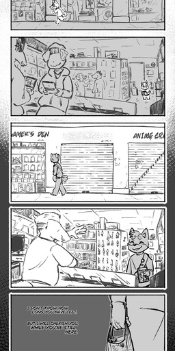 anthro biped clothed clothing eyebrows eyes_closed floppy_ears group hat headgear headwear holding_object hoodie inside lop_ears male open_mouth open_smile outside running shirt shopping_bag short_tail smile solo store tail text topwear walking young young_anthro young_male canisfidelis canis_(canisfidelis) canid canine canis domestic_dog mammal shiba_inu spitz 2025 absurd_res comic english_text hi_res monochrome multiple_images multiple_scenes