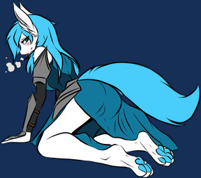 anthro armor bent_over blue_clothing blue_dress blue_eyes breath claws clothed clothing dress feet female front_view grin happy kneeling magic_user markings panting pawpads paws robe royalty smile solo tattoo toes snowiefeather thermia_(character) canid canine canis fox hybrid mammal wolf alpha_channel