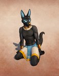 2021 anthro anubian_jackal armor black_body black_fur blue_inner_ear blue_inner_ear_fluff bracers canid canine canis clothed clothing conditional_dnp digital_media_(artwork) feet fingers fur gold_nose hi_res inner_ear_fluff jackal jewelry kneeling male mammal neckwear smile solo titusw toes tuft yellow_eyes
