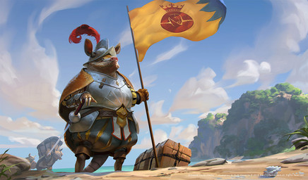 anthro armor beach breastplate brown_body brown_fur chest_(container) cloud day detailed_background flag flag_(object) fur grass group headgear helmet holding_flag holding_object low-angle_view male melee_weapon morion_(helmet) outside plant rapier smile solo_focus sword tail water weapon rudy_siswanto starcitygames armadillo mammal xenarthran digital_media_(artwork)