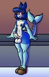 anthro blue_body blue_eyes blue_hair blush bodily_fluids collar crossgender eyewear femboy fin fish_tail ftm_crossgender genital_fluids genitals glasses hair male penis precum solo sprucy holly(sprucy) fish mackerel marine scombrid scombriform