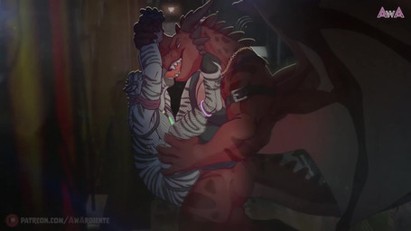 3d_background abs against_surface against_wall anal_fluids anklet anthro arms_above_head bathroom_sex biceps big_wings bodily_fluids butt chain_necklace clothing deep_victory_position dominant dominant_male duo extreme_french_kiss feet_up fishnet_crop_top french_kissing fur genitals holding_wrists hooves horn hybrid_genitalia hybrid_penis jewelry kerchief kissing knot_fucking larger_dom larger_male leather leather_strap leg_grab legs_up long_tongue male male/male markings membrane_(anatomy) membranous_wings muscular muscular_male neck_bulge necklace obscured_penetration pecs penis raised_arms red_body sex sharp_teeth shirt side_view size_difference smaller_male spines spots spotted_body stand_and_carry_position standing standing_sex straps striped_body striped_fur stripes submissive submissive_male tail tank_top teeth tongue tongue_out topwear wings awardiente mythology dante_(awardiente) dragon equid equine mammal mythological_creature mythological_scalie scalie zebra 16:9 2d_animation 3d_(artwork) 3d_animation animated digital_media_(artwork) hi_res long_playtime mixed_media motion_tweening no_sound video widescreen