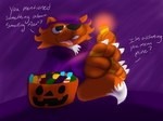 anthro cigar claws clothing dialogue digit_ring feet foot_fetish fur fur_tuft holidays jewelry male orange_body orange_fur purple_background purple_clothing ring simple_background slightly_chubby slightly_chubby_male solo teasing toe_claws toe_ring toes tuft white_body white_fur jaythefox333 halloween jay_(jaythefox333) canid canine fox mammal 4:3 hi_res