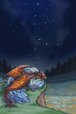 ambiguous_gender blue_body cliff cuddling duo feral flame_pattern flower forest forest_background grass_field male nature nature_background night outside plant red_body shooting_star sky sleeping spiked_tail spikes spikes_(anatomy) star starry_sky tail text tree using_wings wing_hug wings canes-cm capcom monster_hunter fanged_wyvern flying_wyvern rath_wyvern rathalos tobi-kadachi 2:3 animated commissioner_name hi_res