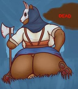 big_butt blood bodily_fluids breasts butt cellulite dominant dominant_female duo facesitting feet female female_facesitting_male fur game_over gameplay_mechanics larger_female male male/female mask sitting_on_another size_difference spots tan_body tan_fur oystercatcher7 dead_by_daylight joey_(oystercatcher7) the_huntress_(dead_by_daylight) hi_res