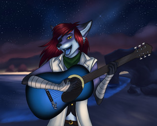 acoustic_guitar anthro beach clothing cloud eye_patch eyewear fur guitar hair kerchief looking_at_viewer musical_instrument open_mouth outside playing_guitar playing_music plucked_string_instrument purple_body purple_fur red_hair sea seaside singing sky solo star string_instrument water yellow_eyes duster_(artist) canid canine fox mammal