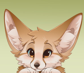 ambiguous_form ambiguous_gender black_nose blush brown_eyebrows brown_eyes cheek_tuft eyebrows facial_tuft fur gradient_background green_background head_tuft inner_ear_fluff markings nude raised_eyebrow raised_eyebrows simple_background smile snout solo tan_body tan_fur tuft whiskers feve canid canine fennec_fox fox mammal true_fox colored digital_drawing_(artwork) digital_media_(artwork) hi_res shaded