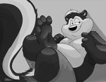 4_toes anthro barefoot belly feet foot_fetish male overweight overweight_anthro overweight_male paws soles solo toes dj-rodney looney_tunes warner_brothers pepe_le_pew mammal mephitid skunk striped_skunk monochrome