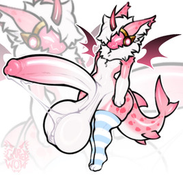 anthro balls bat_wings big_balls big_penis blush blush_lines bodily_fluids butt clothing dipstick_ears dots ear_markings floating_wings fur genitals glistening glistening_body glistening_butt glistening_genitalia glistening_penis gold_(metal) gradient_body gradient_fur gradient_penis hair horn huge_balls huge_genitalia huge_penis humanoid_genitalia humanoid_penis hyper hyper_balls hyper_genitalia hyper_penis legwear light_body light_fur machine male markings membrane_(anatomy) membranous_wings multicolored_body multicolored_ears multicolored_fur penis pink_body pink_fur protogen_face protogen_visor saggy_balls screen shark_tail small_wings solo spots spotted_markings stockings tail unusual_anatomy unusual_wings vein veiny_penis visor white_body white_eyes white_fur wings garedwolf aquatic fish hybrid protogen shark hi_res