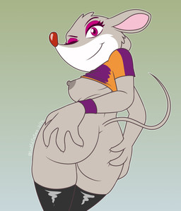 4_fingers anthro bottomless bottomless_anthro bottomless_female breasts butt clothed clothing female fingers fur grey_body grey_fur grey_nipples hand_on_butt looking_at_viewer mouse_ears mouse_tail multicolored_body nipples one_eye_closed purple_eyes seductive shirt side_boob smile solo topwear white_body white_fur wink winking_at_viewer luchosfactory thea_stilton mammal mouse murid murine rodent absurd_res hi_res