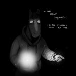 1:1 5_fingers black_and_white bodily_fluids cellphone clothed clothing comic creepy dialogue electronics english_text equid equine fingers front_view gesture hand_gesture hi_res hladilnik hoodie horse male mammal monochrome phone pointing scared snout sweat text topwear will_(hladilnik) zebra