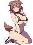 :3 accessory animal_humanoid batta18th big_breasts blush blush_lines bone bra braided_hair breasts brown_hair canid canid_humanoid canine canine_humanoid cat_smile clothing collar dog_humanoid female footwear hair hair_accessory hi_res hololive humanoid inugami_korone kneeling looking_at_viewer mammal mammal_humanoid navel orange_eyes panties shoes short_hair side_view signature simple_background smile solo tail text thick_thighs underwear vtuber