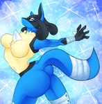 anthro breasts butt female nude pose solo sparkles sparkling_background cassielink nintendo pokemon canid generation_4_pokemon lucario mammal pokemon_(species) absurd_res digital_media_(artwork) hi_res pinup