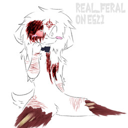 ambiguous_gender anthro blush blush_lines chest_tuft collar crosshair cultist floppy_ears gore hair lazy_eye messy_hair missing_leg missing_limb missing_limbs raised_arm scar self-harm self-harm_scars shock_collar shocked short_tail sitting solo tail tuft white_body white_hair real_feral preychan felid feline mammal distracting_watermark hi_res sketch watermark