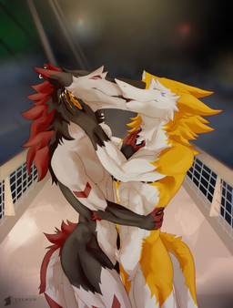 abs anthro biceps black_body claws duo eyes_closed female fingers fur hair happy hug kiss_on_lips kissing looking_at_viewer male male/female muscular muscular_anthro nude open_mouth red_hair romantic romantic_ambiance simple_background smile tail white_body white_fur conditional_dnp teremunart sheza_soulscar teremun_(teremunart) sergal absurd_res hi_res
