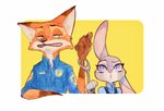 anthro clothed clothing cuff_(restraint) duo female fur green_eyes grey_body grey_fur handcuffed handcuffs long_ears male metal_cuffs one_ear_up open_mouth orange_body orange_fur police police_uniform purple_eyes restraints simple_background uniform strawberry628_(artist) disney zootopia judy_hopps nick_wilde canid canine fox lagomorph leporid mammal rabbit red_fox true_fox 2020 hi_res painting_(artwork) traditional_media_(artwork) traditional_painting_(artwork) traditional_watercolor_(artwork) watercolor_(artwork)