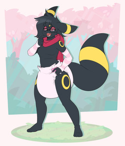 4_fingers 4_toes anthro anthrofied arm_warmers armwear big_diaper black_body black_ear_tips black_ears black_eyewear black_fur black_glasses black_hair black_nose black_tail black_tail_tip breasts cherry_blossom cherry_blossom_tree cherry_tree clean_diaper clothed clothing diaper dipstick_ears dipstick_tail ear_markings eyewear fangs featureless_breasts feet female fingers flower fruit_tree fur gesture glasses grass hair hand_gesture hand_on_hip markings multicolored_body multicolored_ears multicolored_fur open_mouth open_smile outside pattern_arm_warmers pattern_armwear pattern_clothing pink_arm_warmers pink_armwear pink_clothing pink_diaper plant pointing pointing_at_self prunus_(flower) rectangular_glasses red_scarf red_sclera ring_(marking) scarf shrub sky small_breasts smile solo striped_arm_warmers striped_armwear striped_clothing stripes tail tail_markings teeth toes tree two_tone_body two_tone_fur two_tone_tail wearing_diaper wearing_glasses yellow_body yellow_ears yellow_fur yellow_tail bubblepuppers nintendo pokemon yuukari yuu_isim eeveelution generation_2_pokemon pokemon_(species) umbreon 2025 absurd_res archived_source hi_res source_request