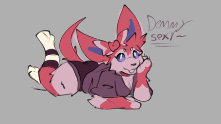 anthro breasts clothing female looking_at_viewer on_ground simple_background solo kreivi_ruche nintendo pokemon demmy_(character) eeveelution generation_6_pokemon pokemon_(species) sylveon 16:9 widescreen
