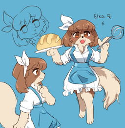 3_toes 4_fingers :3 accessory anthro apron arm_tuft big_ears big_tail biped blue_apron blue_clothing blue_topwear blush blush_lines bread_loaf breasts brown_body brown_eyes brown_fur brown_hair brown_nose cheek_tuft chef clothing curled_tail elbow_tuft eyebrow_through_hair eyebrows eyelashes facial_tuft fangs feet female fingers floppy_ears fluffy fluffy_ears fluffy_tail fur gender_symbol hair hair_accessory hair_ribbon height holding_object holding_platter imperial_unit kitchen_utensils leg_markings leg_tuft looking_at_viewer lop_ears markings multicolored_body multicolored_fur open_mouth ribbons short_hair side_view small_nose smile socks_(marking) solo symbol tail tail_tuft teeth text thigh_tuft toes tools topwear translucent translucent_hair tuft two_tone_body two_tone_fur whisk white_clothing white_ribbon white_sclera white_topwear fiddleafox elka_(fiddleafox) bird_dog canid canine canis cavalier_king_charles_spaniel domestic_dog hunting_dog mammal spaniel toy_dog 2020 character_name digital_drawing_(artwork) digital_media_(artwork) model_sheet shaded