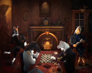 anthro blue_eyes book chair chess clothed clothing fireplace front_view fur furniture grey_body grey_hair group hair holding_book holding_object inside male male_anthro mouth_closed narrowed_eyes orange_body orange_hair side_view sitting table white_body white_fur white_hair satanic_monkey equid equine horse mammal hi_res