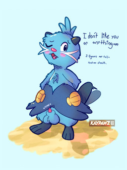 anthro becoming_erect blue_body blue_border blue_fur blush border dishonesty embarrassed fur male secretly_loves_it solo standing tail tail_motion tailwag text tsundere whiskers kaypawz nintendo pokemon dewott generation_5_pokemon pokemon_(species) 3:4 english_text hi_res