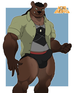 anthro bulge clothing collared_shirt dreadlocks dress_shirt green_eyes jewelry jockstrap male muscular muscular_anthro muscular_male necklace pecs shirt solo standing tight_clothing topwear underwear 1ceberg bear mammal absurd_res hi_res