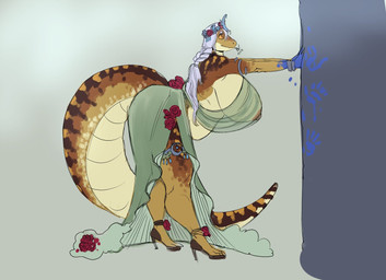 anthro areola belly big_belly big_breasts big_tail braided_hair breasts clothed clothing countershade_face countershade_torso countershading curvy_figure dress female female_anthro flower flower_crown green_body hair hand_on_wall hand_print huge_breasts huge_tail huge_thighs long_hair motion_onomatopoeia nipples onomatopoeia plant purple_hair solo sound_effects tail tan_body text thick_thighs tongue tongue_out translucent translucent_clothing translucent_dress voluptuous voluptuous_anthro voluptuous_female twistedteeth mami_(twistedteeth) reptile sand_boa scalie snake 2022 english_text