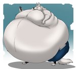 anthro belly big_belly bodily_fluids bottomwear claws clothed clothing ears_up electronics fangs fur holding_object holding_phone huge_belly hyper hyper_belly male morbidly_obese morbidly_obese_anthro morbidly_obese_male nervous nervous_sweat obese obese_anthro obese_male open_mouth overweight overweight_anthro overweight_male pants phone solo standing sweat teeth toe_claws topless topless_anthro topless_male torn_clothing white_body white_fur wide_eyed hectorthewolf disney zootopia gary_(zootopia) canid canine canis mammal wolf 2021