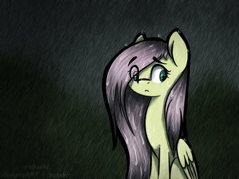 blue_eyes dark feathered_wings feathers female feral fur hair long_hair looking_back outside pink_hair raining sitting solo wings yellow_body yellow_feathers yellow_fur onikashi friendship_is_magic hasbro my_little_pony mythology fluttershy_(mlp) equid equine mammal mythological_creature mythological_equine pegasus 4:3 animated