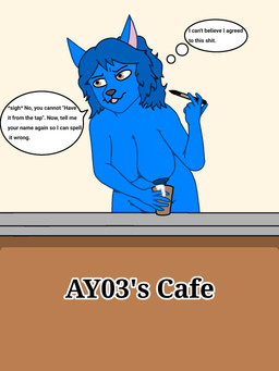 annoyed anthro areola blue_areola blue_body blue_fur blue_hair blue_nipples bodily_fluids brown_eyes container cup female fur hair lactating marker milk nipples nude profanity simple_background simple_coloring solo speech_bubble text ay03 hayley_(ay03) canid canine canis mammal wolf 3:4 english_text hi_res shaded simple_shading