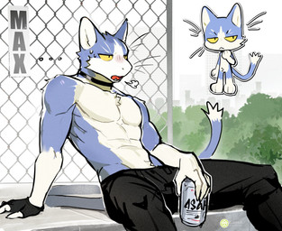 alcohol anthro athletic athletic_anthro athletic_male beer beverage beverage_can biped blue_body bottomwear choker clothed clothing countershading gloves gloves_(marking) handwear inner_ear_fluff jewelry leg_markings male markings necklace pants socks_(marking) solo tail topless topless_male tuft white_body white_inner_ear_fluff ghost_k1n kunnik max_(kunnik) domestic_cat felid feline felis mammal hi_res